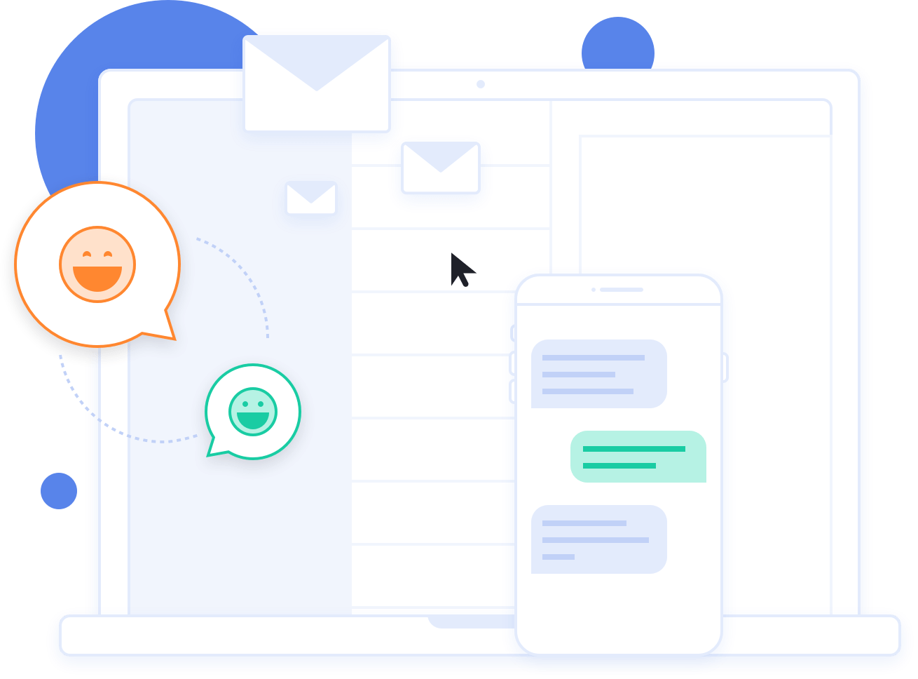 A laptop showing email and chat notifications next to a phone showing a text conversation. Illustration.