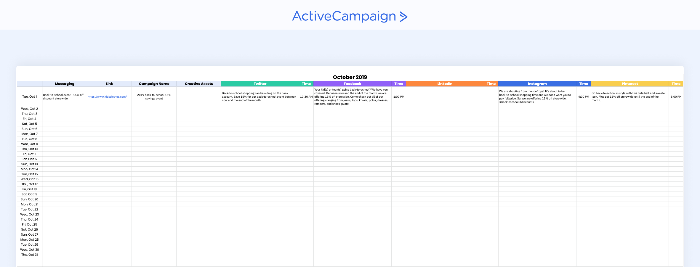 Social media content calendar template